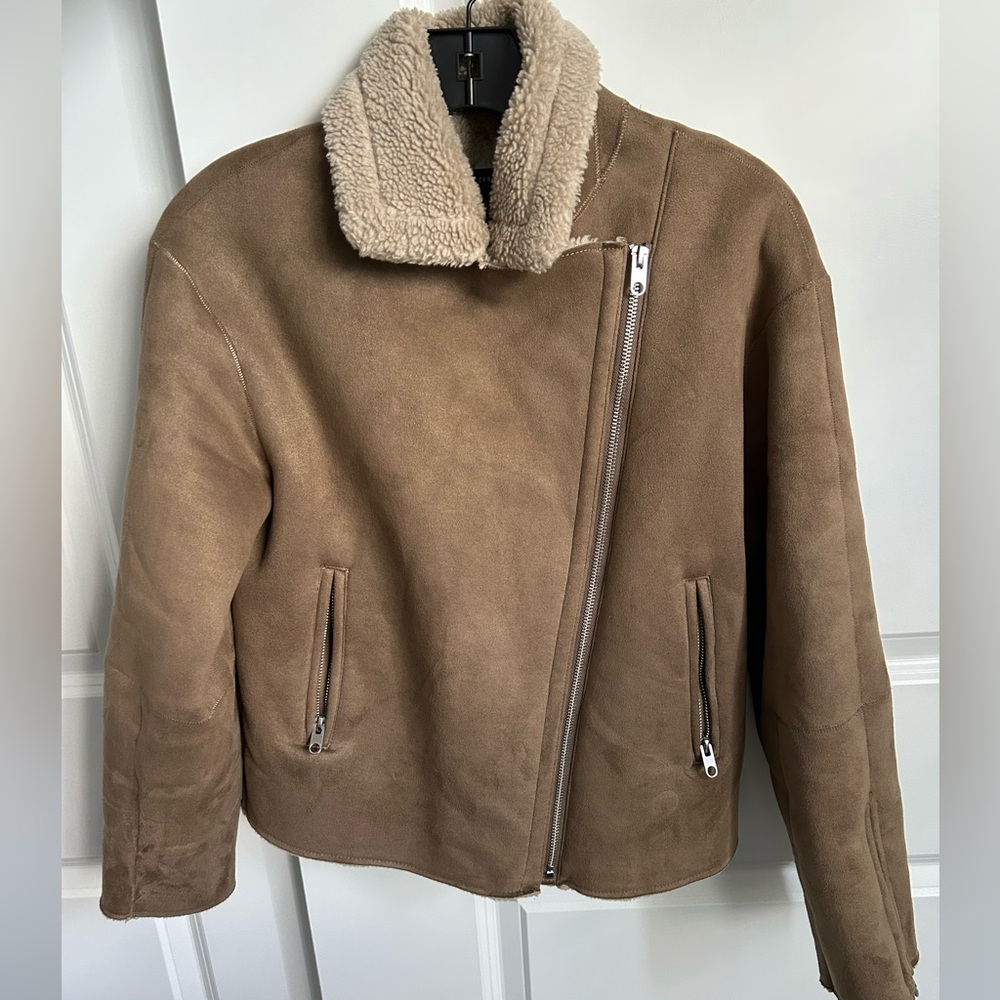 Zara Basic Outerwear Tan Jacket with Shearling Collar